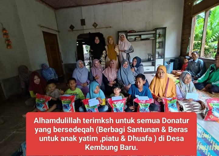 Berbagi santunan untuk ananda Zaidan yang sakit Rp 750.000 dan berbagi beras, santunan kepada anak yatim dan dhuafa di desa Kembang baru.